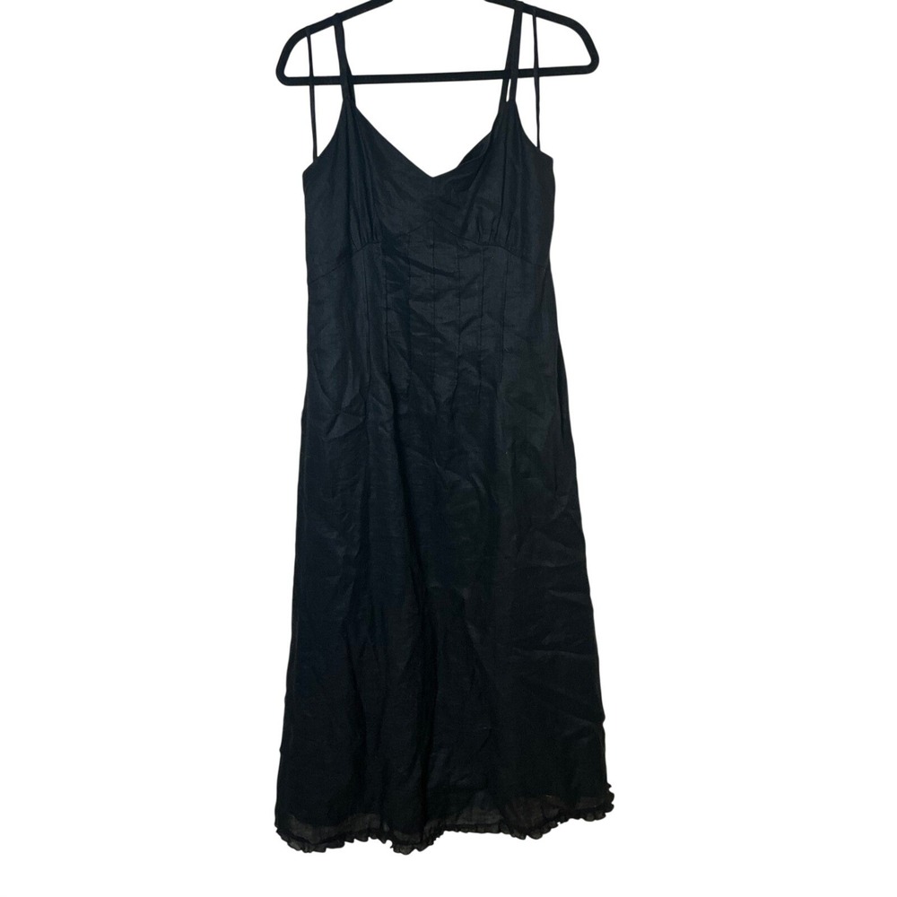 Black 100% Linen Midi Dress V-Neck Ruffle Hem Minimalist 12 NWT Spenser Jeremy